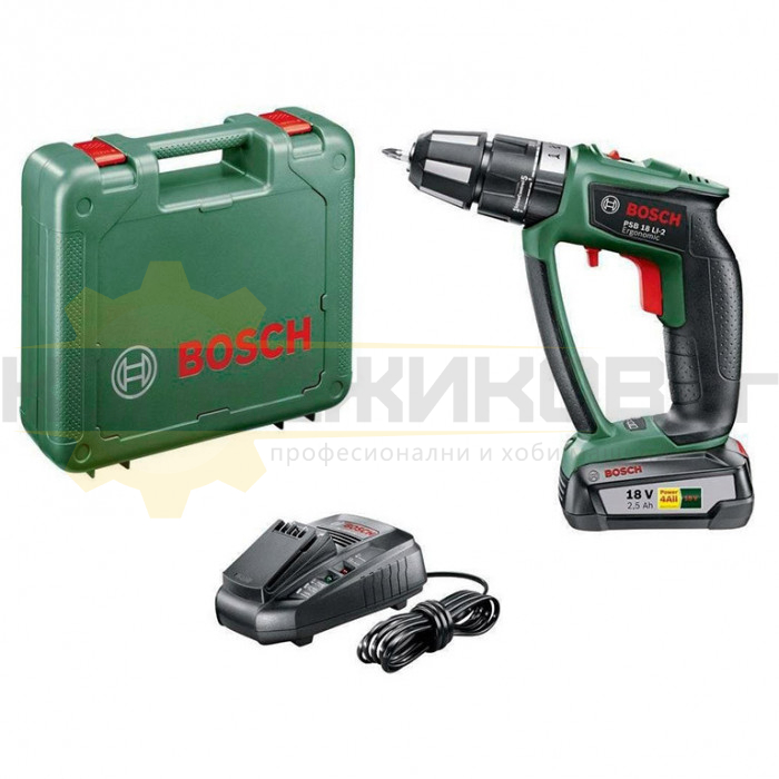 Акумулаторна бормашина/винтоверт - ударна BOSCH PSB 18 LI-2 Ergonomic, 18V, 2.5 Ah, 32 Nm, 1400 об/мин., 22500 уд/мин - 