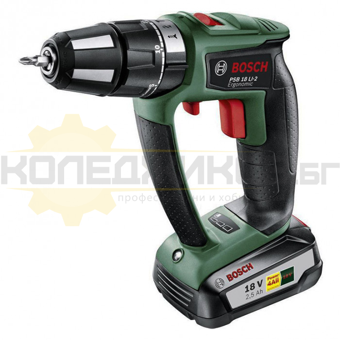 Акумулаторна бормашина/винтоверт - ударна BOSCH PSB 18 LI-2 Ergonomic, 18V, 2.5 Ah, 32 Nm, 1400 об/мин., 22500 уд/мин - 