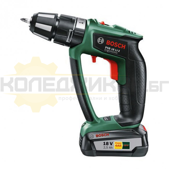 Акумулаторна бормашина/винтоверт - ударна BOSCH PSB 18 LI-2 Ergonomic, 18V, 2.5 Ah, 32 Nm, 1400 об/мин., 22500 уд/мин - 