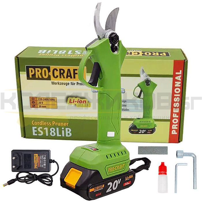 Акумулаторна лозарска ножица за клони PROCRAFT ES18LiB Set, 20V, 2 Ah, 30 мм - 