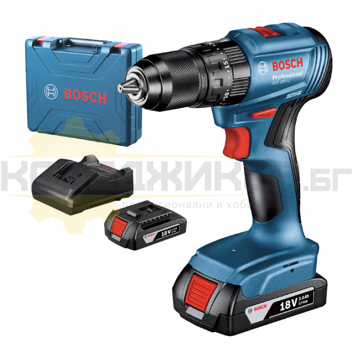 Акумулаторна бормашина / винтоверт BOSCH GSB 185-LI Set, 18V, 2x2 Ah, 50 Nm, 1900 об/мин., 27000 уд/мин - 