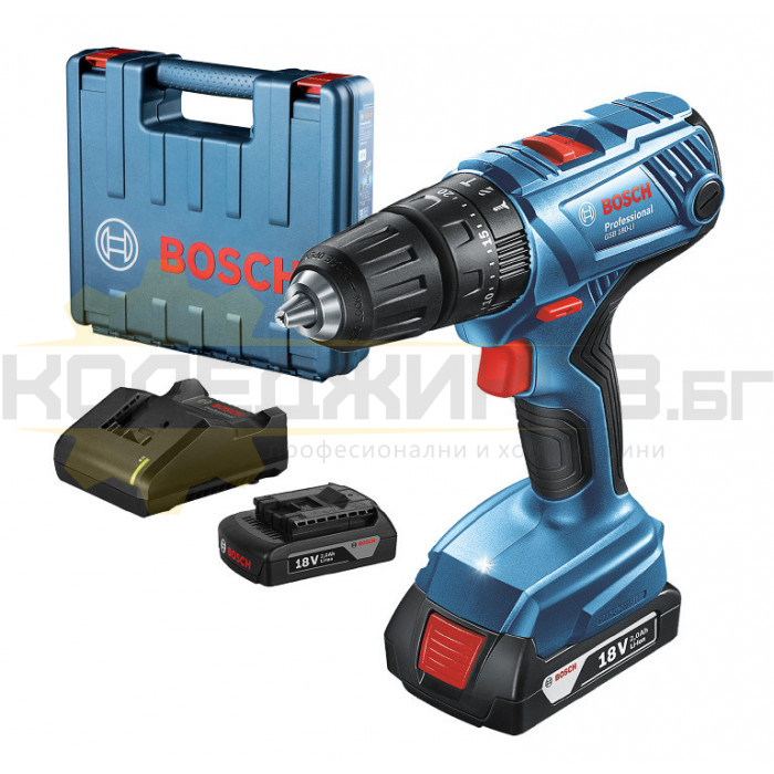 Акумулаторна бормашина / винтоверт BOSCH GSB 180-Li Set, 18V, 2x2 Ah, 54 Nm, 1900 об/мин., 27000 уд/мин - 