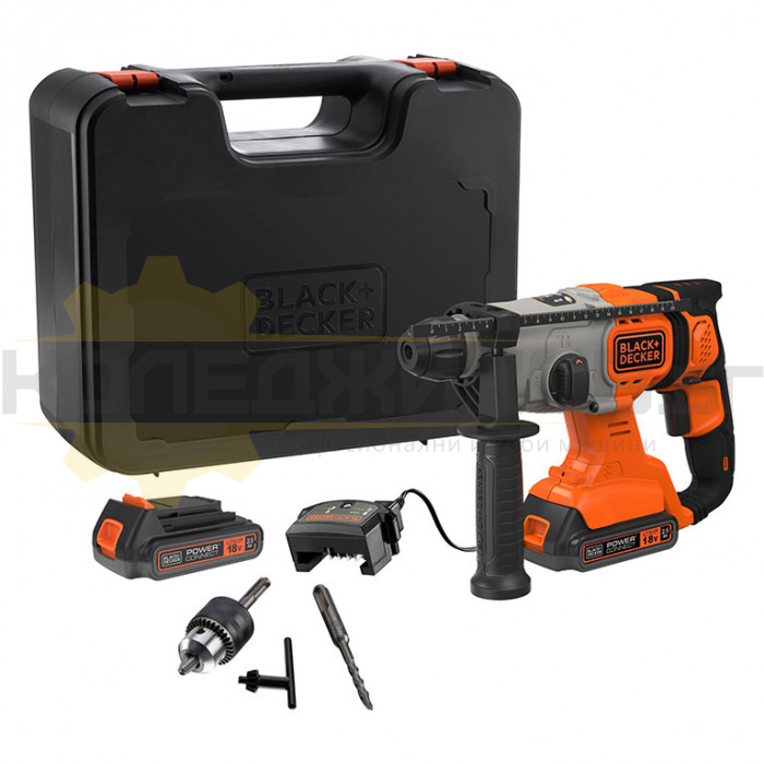 Акумулаторен перфоратор BLACK+DECKER BCD900E2K-QW SDS-Plus Set, 18V, 2x2.5 Ah, 1.2 J, 1880 об/мин - 