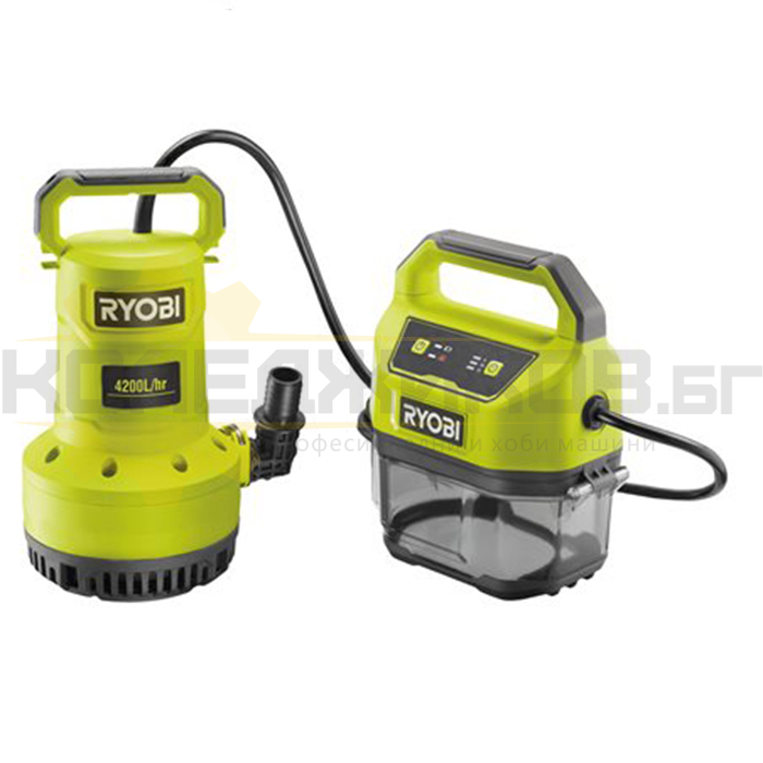 Акумулаторна потопяема помпа за чиста и леко замърсена вода RYOBI RY18SPA Set, 18V, 2.5 Ah, 70 л/мин., 8 м - 