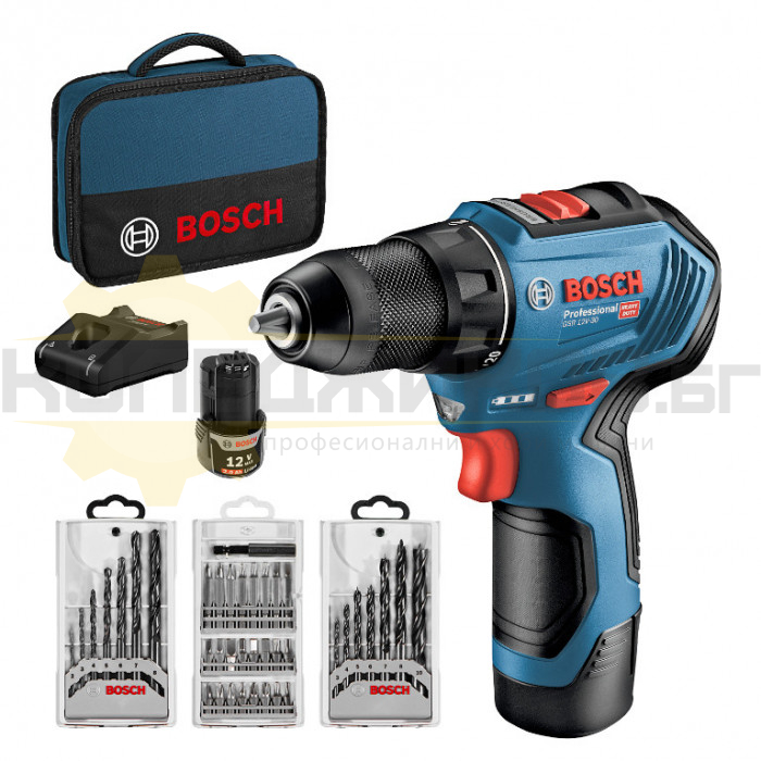 Акумулаторна бормашина / винтоверт - ударна BOSCH GSR 12V-30, 12V, 2x2 Ah, 30 Nm, 1600 об/мин., 24000 уд/мин - 